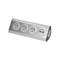 VIRONE FS-3 USB töltővel ellátott konnektorkészlet bútorokhoz és konyhába, tépőzáras rögzítőcsíkokkal -3x2P+Z, 2xUSB, INOX, 16A
