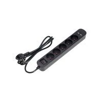 VIRONE PS-1/B/1,5M Túlfeszültség-védelemmel ellátott elosztó, 5 db 2P+F aljzat, 1,5 m-es kábel, kétsávos, háttérvilágításos kapcsoló, 10A/230 VAC, 2xUSB 2.1A, lapos csatlakozó