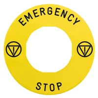 Schneider ZBY9330T Harmony sárga köralakú felirati tábla, Ø60, vészleállítóhoz, ZBZ3605 védőgallérhoz, logóval, EMERGENCY STOP