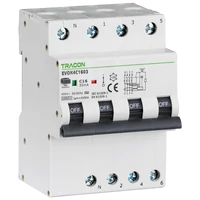 Tracon EVOK4C603 Kombinált védőkapcsoló, 4P, 4modul, C karakterisztika C6A, 30 mA, 10kA, A