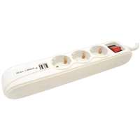 Tracon HK3-USB Hordozható elosztósáv kapcsolóval fehér, 2×USB port 3×SCHUKO,16A/250VAC,3680W, 1,4m, 3×1,5mm2, H05VV-F, USB:2.1A