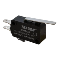 Tracon KW3-35 Helyzetkapcsoló, mikro, rugószáras 1×CO 10A/230VAC, 0,3A/250VDC, 28mm, 4,8x0,5 mm, IP00