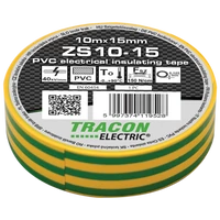 Tracon ZS10-15 Szigetelőszalag, zöld/sárga 10m×15mm, PVC, 0-90°C, 40kV/mm