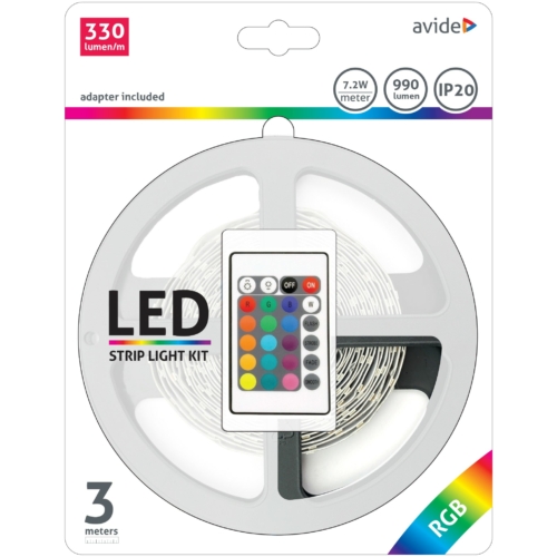 Avide LED szalag szett beltéri: 7.2W, 3 méter RGB 5050-30 szalag - távirányítóval, vezérelhető + tápegység, ABLSBL12V5050-30RGB