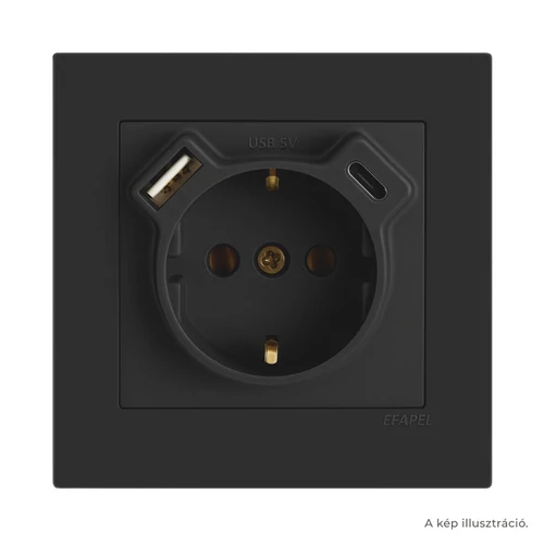 EFAPEL Fekete USB töltő aljzat (Schuko + USB-A + USB-C) - komplett - mec21 (21137+90630_TPM+90910_TPM)