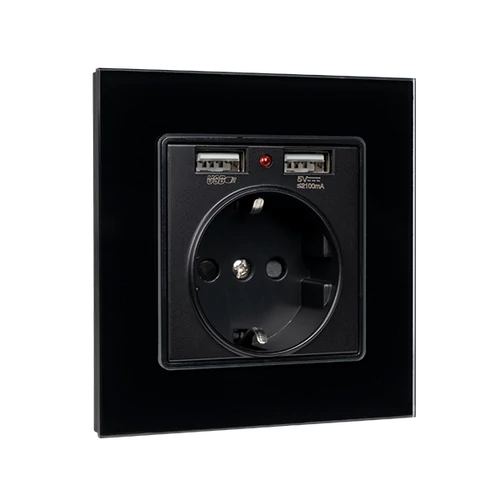 ELMARK 195018CC/BL Német típusú konnektor 16A 2xUSB üvegkeretes, fekete+beépíthető dobozzal