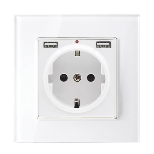 ELMARK 195018CC/WH Német típusú konnektor 16A 2xUSB üvegkeretes, fehér+dobozos