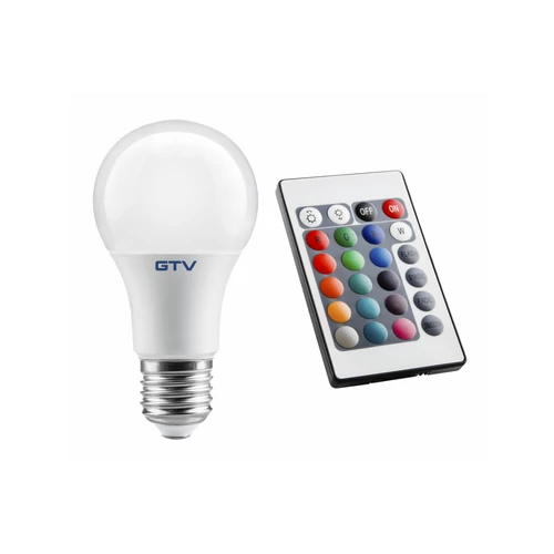 GTV LD-PC2A60RGBW-9W LED FÉNYFORRÁS, RGBW, AG, 3000K, A60, E27, 9W, AC220-240V, 200°, 830lm, 78mA, RGBW távirányító