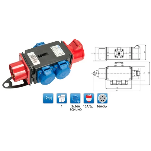 PAWBOL R-BOX MINI ipari elosztó-csatlakozóaljzat, 1x16A/5p dugvilla, 1x16A/5p aljzat, 3x250V