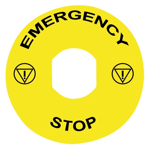 Schneider ZBY8330 Harmony sárga köralakú felirati tábla, Ø90, vészleállítóhoz, logóval, EMERGENCY STOP