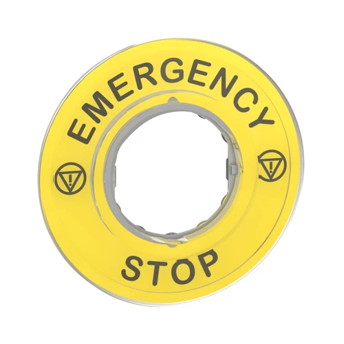 Schneider ZBY9320 Harmony sárga köralakú felirati tábla, Ø60, vészleállítóhoz, logóval, EMERGENCY STOP