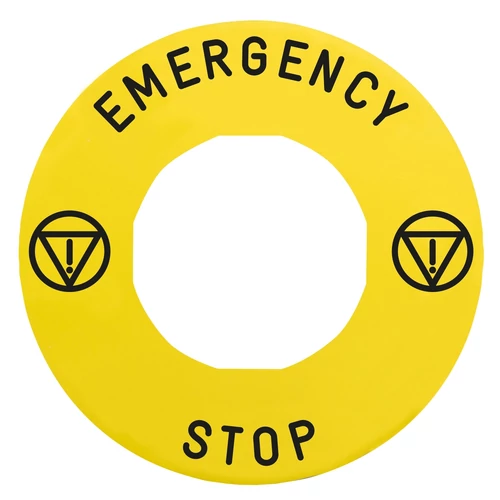Schneider ZBY9330T Harmony sárga köralakú felirati tábla, Ø60, vészleállítóhoz, ZBZ3605 védőgallérhoz, logóval, EMERGENCY STOP