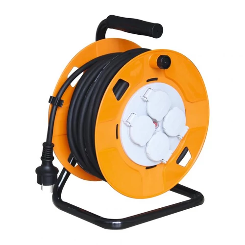SOMOGYI Home HJR 10-25/1,0 kábeldob, 25 m, fém talp, IP44-es védelem, H05RR-F 3G1,0 mm2 gumi kábel, max. 2300 W, 4 aljzat takarófedéllel, védőkapcsoló