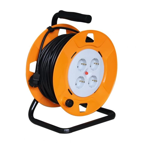 SOMOGYI Home HJR 4-25/1,5 kábeldob, 25 m, IP20 kivitel, fém talp, H05VV-F 3G1,5 mm2 kábel, max. 3000 W, védőkapcsoló, 4 védőérintkezős aljzat