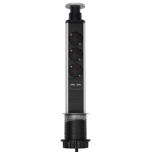 SOMOGYI Home NVE 3/USB süllyesztett elosztó USB töltőaljzatokkal, 1,4 m, 3 földelt aljzat gyermekvédelemmel, asztalba, munkalapba építhető, süllyeszthető, max. 3680 W