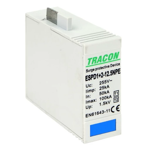 Tracon ESPD1+2-12.5NPE T1+T2 AC típusú túlfeszültséglevezető betét 12.5 NPE Uc:275V; Iimp:12,5kA; In:20/40kA; Imax:50kA; Up:1,3kV