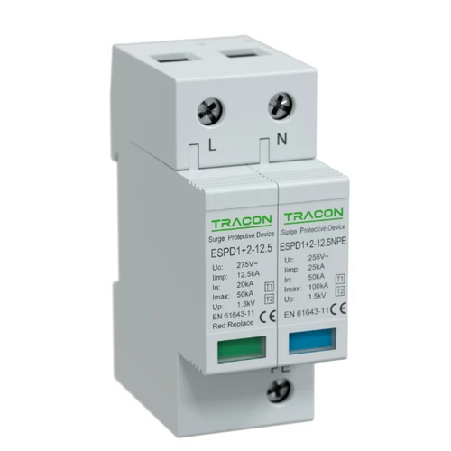 Tracon ESPD1+2-12.5-1+1P T1+T2 AC típusú túlfeszültséglevezető, cserélhető betéttel Uc:275V; Iimp:12,5kA; In:20/40kA; Imax:50kA; Up:1,3kV; 1+1P