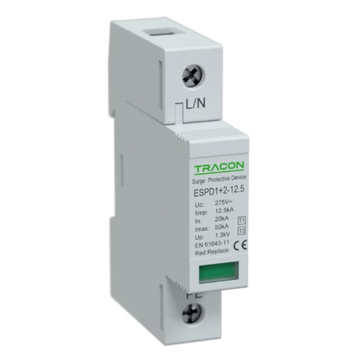 Tracon ESPD1+2-12.5-1P T1+T2 AC típusú túlfeszültséglevezető, cserélhető betéttel Uc:275V; Iimp:12,5kA; In:20kA; Imax:50kA; Up:1,3kV; 1P