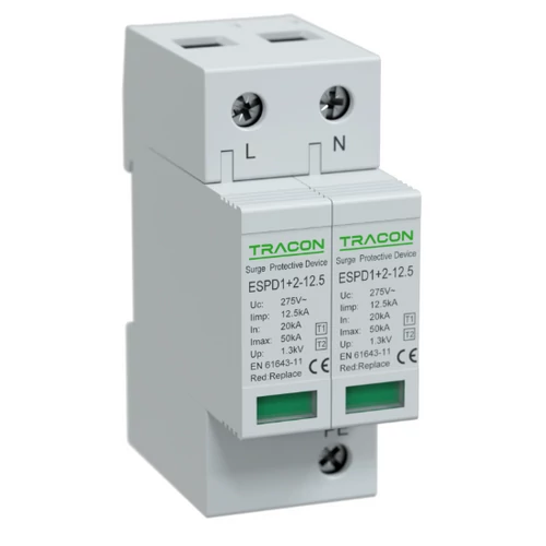 Tracon ESPD1+2-12.5-2P T1+T2 AC típusú túlfeszültséglevezető, cserélhető betéttel Uc:275V; Iimp:12,5kA; In:20kA; Imax:50kA; Up:1,3kV; 2P