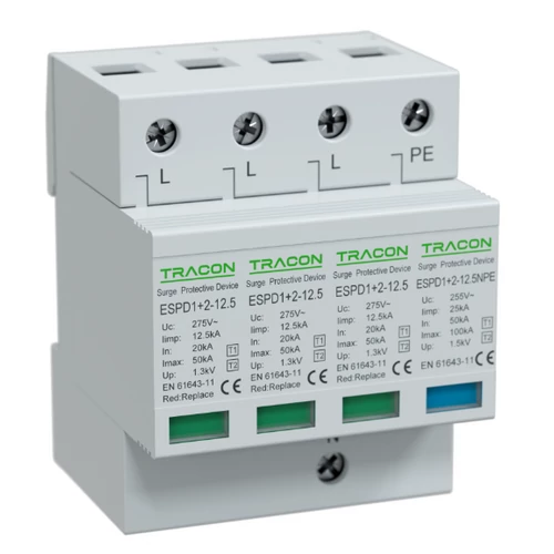 Tracon ESPD1+2-12.5-3+1P T1+T2 AC típusú túlfeszültséglevezető, cserélhető betéttel Uc:275V; Iimp:12,5kA; In:20/40kA; Imax:50kA; Up:1,3kV; 3+1P