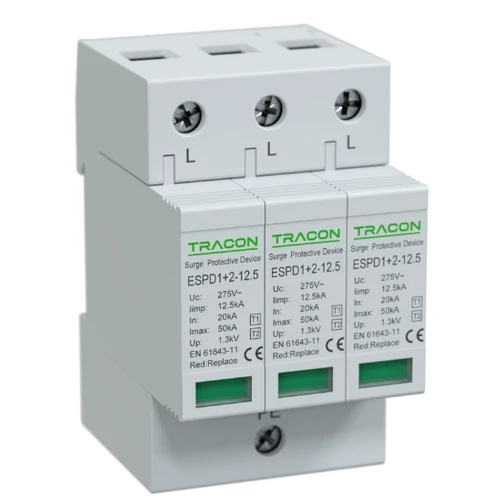 Tracon ESPD1+2-12.5-3P T1+T2 AC típusú túlfeszültséglevezető, cserélhető betéttel Uc:275V; Iimp:12,5kA; In:20kA; Imax:50kA; Up:1,3kV; 3P