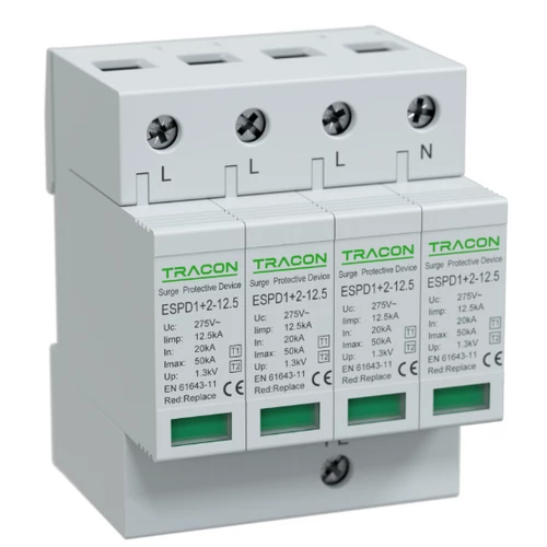 Tracon ESPD1+2-12.5-4P T1+T2 AC típusú túlfeszültséglevezető, cserélhető betéttel Uc:275V; Iimp:12,5kA; In:20kA; Imax:50kA; Up:1,3kV; 4P