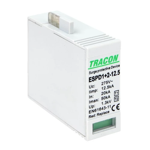 Tracon ESPD1+2-12.5M T1+T2 AC típusú túlfeszültséglevezető betét 12.5 M Uc:275V; Iimp:12,5kA; In:20kA; Imax:50kA; Up:1,3kV