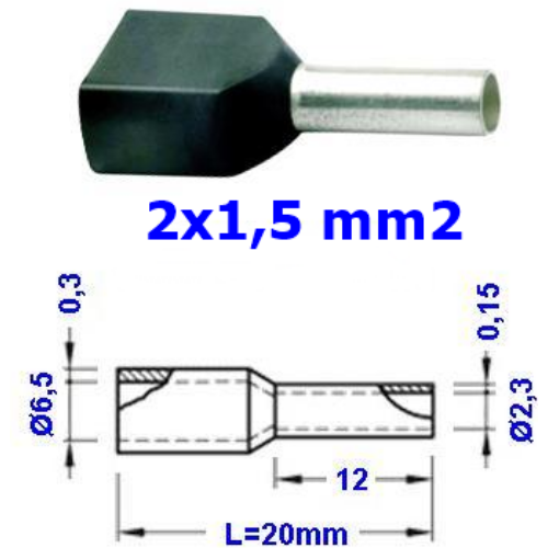 TRACON E13I Szigetelt (PA6.6) iker-érvéghüvely, ónoz. elektr.réz, fekete
