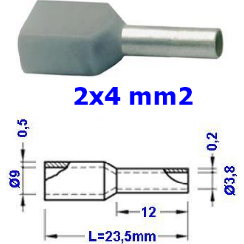 TRACON E19I Szigetelt (PA6.6) iker-érvéghüvely, ónoz. elektr.réz, szürke 2×4mm2, l=12mm