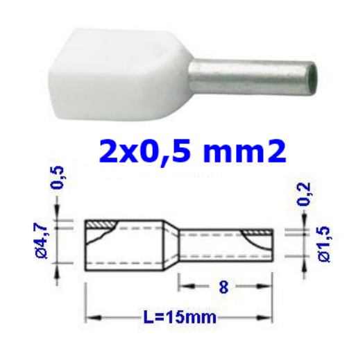 TRACON E20I Szigetelt (PA6.6) iker-érvéghüvely, ónoz. elektr.réz, fehér 2×0,5mm2, l=8mm