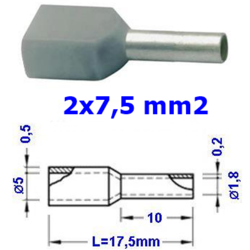TRACON  E50I Szigetelt (PA6.6) iker-érvéghüvely, ónoz. elektr.réz, szürke 2×0,75mm2, l=8mm