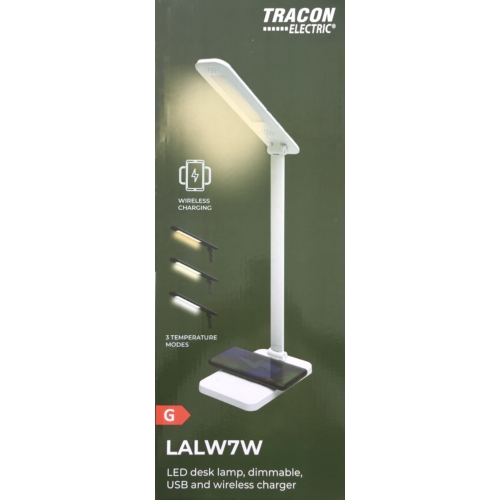 Tracon LED asztali lámpa,szab.fényerő,színhőm,vezetéknélk.töltő 100-240V, 50HZ, 7W, 550lm, 2700-5700K, EEI=G LALW7W