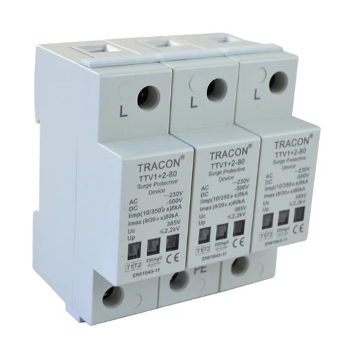 Tracon TTV1+2-80-3P AC/DC túlfeszültség levezető, 1+2-es típus, egybeépített 230/400 V, 50 Hz, 8 kA (10/350 us) 40/80 kA (8/20 us), 3P
