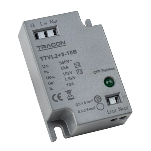 Tracon TTVL2+3-10 Túlfeszültség levezető Un=230-275VAC, 5/10kA, Up=1,5kV, IP20