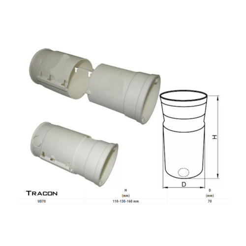 Tracon Szerelvénydoboz univerzális, mélység állítással,H=110-130-160mm, D=70mm, fehér UD70