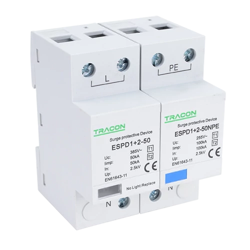 Tracon ESPD1+2-50-1+1P T1+T2 AC típusú túlfeszültséglevezető, egybeépített Uc:385V; Iimp:50/100kA; In:50/100kA; Up:2,5kV; 1+1P