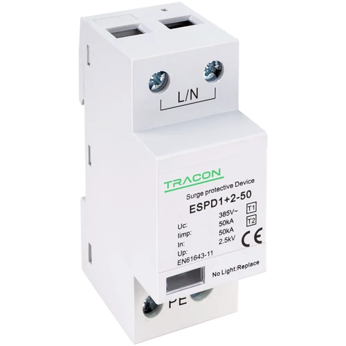 Tracon ESPD1+2-50-1P T1+T2 AC típusú túlfeszültséglevezető, egybeépített Uc:385V; Iimp:50kA; In:50kA; Imax:160kA; Up:2,5kV; 1P