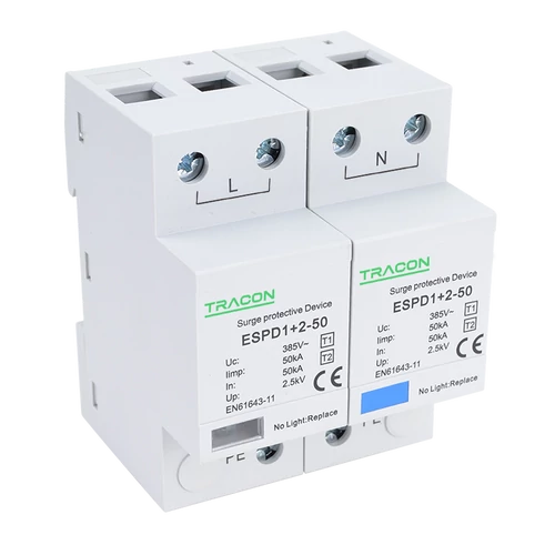 Tracon ESPD1+2-50-2P T1+T2 AC típusú túlfeszültséglevezető, egybeépített Uc:385V; Iimp:50kA; In:50kA; Imax:160kA; Up:2,5kV; 2P