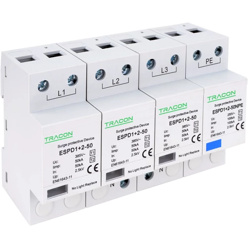 Tracon ESPD1+2-50-3+1P T1+T2 AC típusú túlfeszültséglevezető, egybeépített Uc:385V; Iimp:50/100kA; In:50/100kA; Up:2,5kV; 3+1P