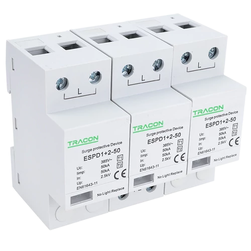 Tracon ESPD1+2-50-3P T1+T2 AC típusú túlfeszültséglevezető, egybeépített Uc:385V; Iimp:50kA; In:50kA; Imax:160kA; Up:2,5kV; 3P