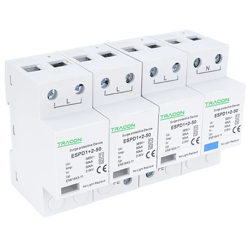 Tracon ESPD1+2-50-4P T1+T2 AC típusú túlfeszültséglevezető, egybeépített Uc:385V; Iimp:50kA; In:50kA; Imax:160kA; Up:2,5kV; 4P