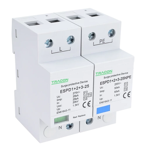 Tracon ESPD1+2+3-25-1+1P T1+T2+T3 AC típusú túlfeszültség levezető, egybeépített Uc:275V; Iimp:25/100kA; In:25/100kA; Uoc:20kV; Up:1,3kV; 1+1