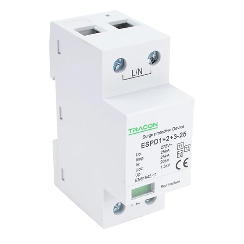 Tracon ESPD1+2+3-25-1P T1+T2+T3 AC típusú túlfeszültség levezető, egybeépített Uc:275V; Iimp:25kA; In:25kA; Uoc:20kV; Up:1,3kV; 1P