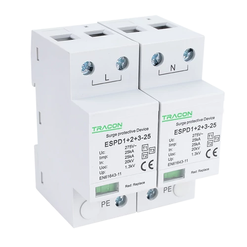 Tracon ESPD1+2+3-25-2P T1+T2+T3 AC típusú túlfeszültség levezető, egybeépített Uc:275V; Iimp:25kA; In:25kA; Uoc:20kV; Up:1,3kV; 2P