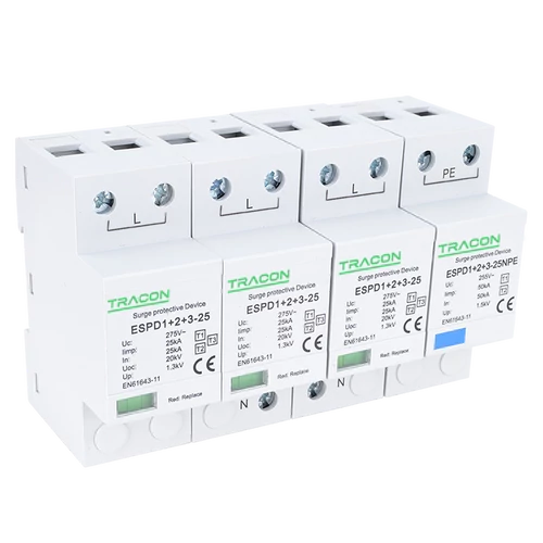 Tracon ESPD1+2+3-25-3+1P T1+T2+T3 AC típusú túlfeszültség levezető, egybeépített Uc:275V; Iimp:25/100kA; In:25/100kA; Uoc:20kV; Up:1,3kV; 1+3