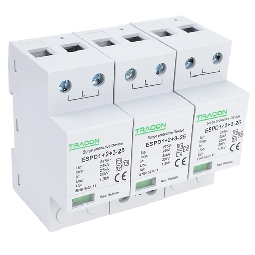 Tracon ESPD1+2+3-25-3P T1+T2+T3 AC típusú túlfeszültség levezető, egybeépített Uc:275V; Iimp:25kA; In:25kA; Uoc:20kV; Up:1,3kV; 3P
