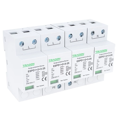 Tracon ESPD1+2+3-25-4P T1+T2+T3 AC típusú túlfeszültség levezető, egybeépített Uc:275V; Iimp:25kA; In:25kA; Uoc:20kV; Up:1,3kV; 4P