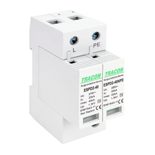 Tracon ESPD2-40-1+1P T2 AC típusú túlfeszültség levezető, cserélhető betéttel Uc:275/255V; In:20kA; Imax:40kA; Up:1,3/1,5kV; 1+1P