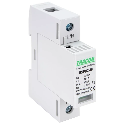 Tracon ESPD2-40-1P T2 AC típusú túlfeszültség levezető, cserélhető betéttel Uc:275V; In:20kA; Imax:40kA; Up:1,3kV; 1P