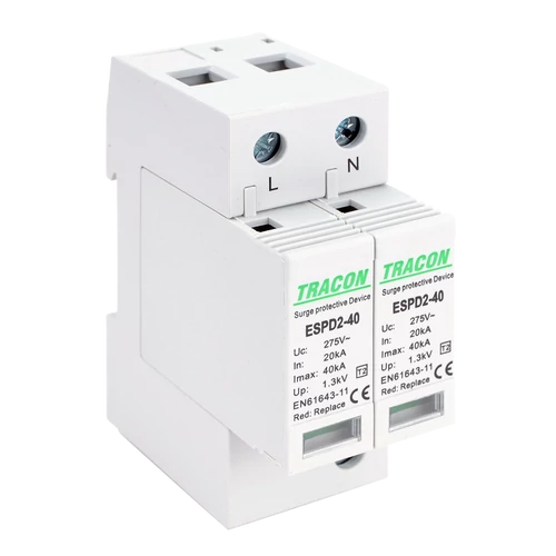 Tracon ESPD2-40-2P T2 AC típusú túlfeszültség levezető, cserélhető betéttel Uc:275V; In:20kA; Imax:40kA; Up:1,3kV; 2P